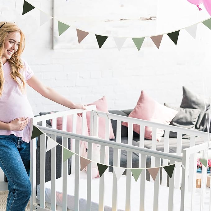 VitalCozy 17 ft Pennant Banner Flags, 2 Pcs Nursery Garland Triangle Bunting Flag Double Side Baby Banner for Boho Decor Baby Shower Birthday Wedding Party Event, Each 8.5 ft(Neutral Colors)