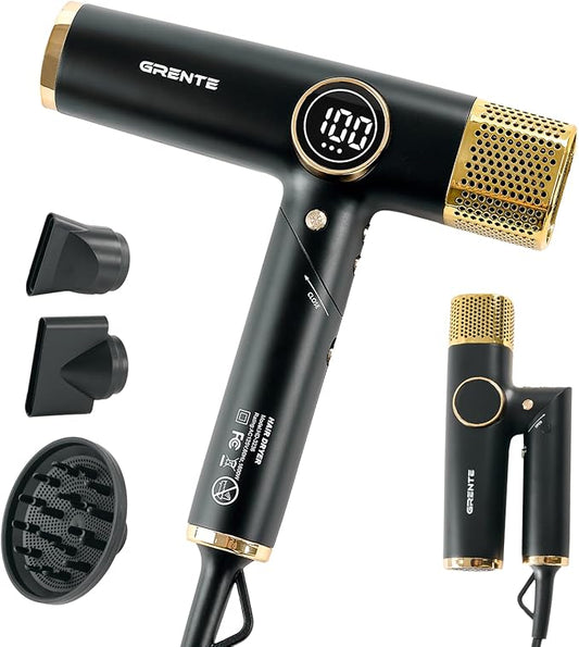 Portable Hair Dryer, 110,000 RPM Diffuser Hair Dryer, 400M Negative Ion, 6.5ft Cord, 4 Heat Settings & 3 Speed, Ionic Hairdryer with Concentrator Nozzle Diffuser for Curly Hair, for Women Men, Black