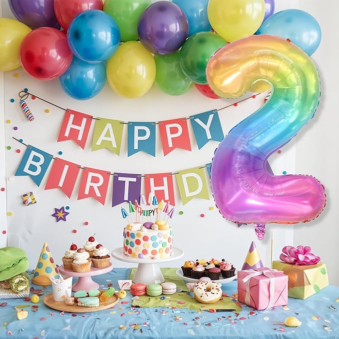 40'' 2 Balloon Number, Large Rainbow Foil Number 2 Balloons Birthday Party Decor, Mylar Self Inflating Multicolor Colorful Jelly Two Balloon for Girls 2nd Birthday Baby Shower Anniversary Decorations