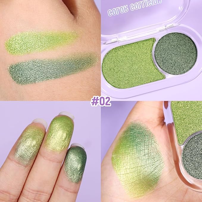 Light Green Shimmer Eyeshadow Green Double Colors Palette, High Pigment Eye Shadow Powder, Blendable Smooth and Texture Waterproof, Smudge-proof, Durable and Long-lasting Makeup Palette 02#