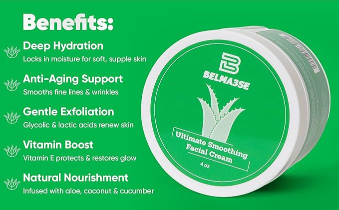 Ultimate Smoothing Facial Cream – Hydrating Anti-Aging Moisturizer for Face with Aloe Vera, Coconut Oil, Cucumber Extracts, Glycolic & Lactic Acid & Vitamin E Nourishing Facial Moisturizer for Women