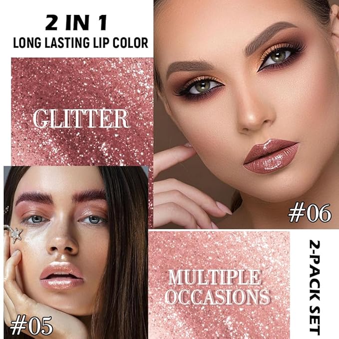 evpct 2Pcs Beige Gold Mature Red Metallic Glitter Lip Liner and Lipstick Combo, Shimmery Lip Gloss Stain Set Makeup for Women LongLasting Waterproof, Metallic Shimmer Iridescent Glossy Liquid Lipstick