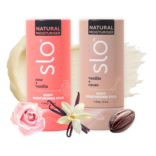 Slo Natural Moisturizing Stick | Body Balm with Organic Ingredients | Hydrating Nourishing | Coconut, Cocoa Butter & Antioxidants | Travel-Friendly | Rose Vanilla & Vanilla Cacao | 2set (2x2.1oz/60g)