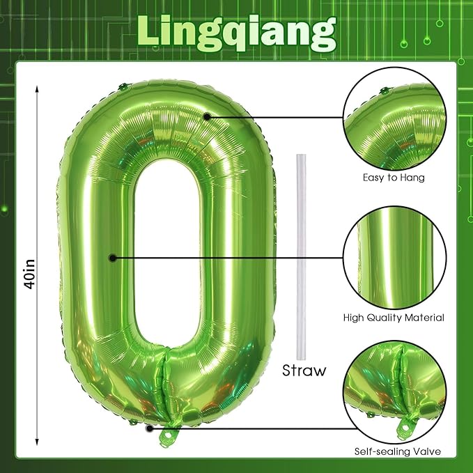 40 Inch Green Large Number Balloons Set 0-9, Self Inflate Foil Number 0 Helium Balloons for Boys Girls, Big Digit 0 Balloons for Women Men Jungle Safari Birthday Party Anniversary Supplies Decorations