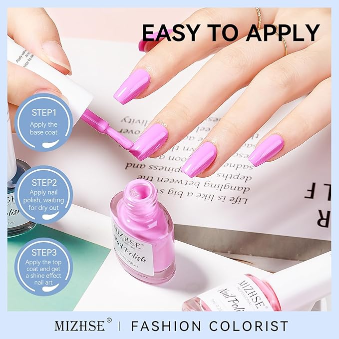 MIZHSE Quick Dry Nail Polish Set, Regular Nail Polish 6 Classic Colors of Milky White Pink Purple Blue Green, Air Dry Nail Lacquer Fingernail Polish for Women, Manicure DIY Nail Art Salon Ideal Gift