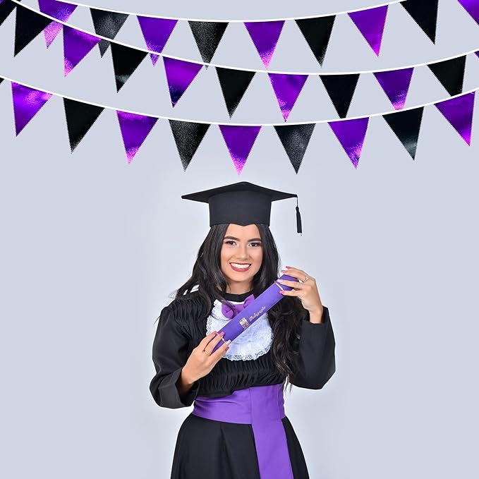 Purple and Black Party Decorations Metallic Fabric Triangle Pennant Banner Flag Bunting Garland for Graduations Birthday Retirement Wedding Baby Shower Bachelorette Halloween Outdoor Party Supplies