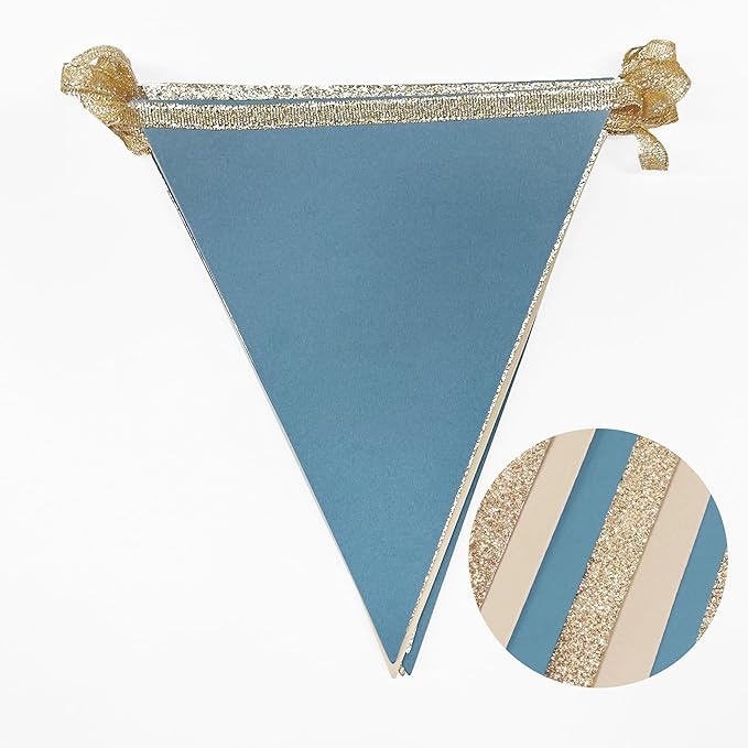 30Ft Champagne Gold Dusty Blue Beige Party Decorations Pennant Banner Flag Hanging Paper Triangle Bunting for Baby Shower Birthday Graduation Wedding Bachelor Retirement Nautical Party Supplies