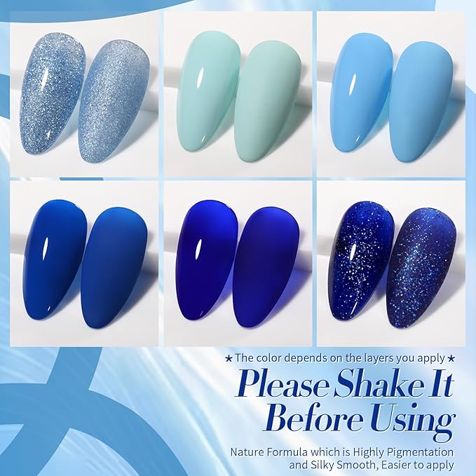 BORN PRETTY Blue Gel Nail Polish Set 6 Colors Light Blue Baby Blue Royal Blue Reflective Glitter Blue Nail Gel Kit Soak Off Nail Art Manicure Design Home Salon Holiday Gift