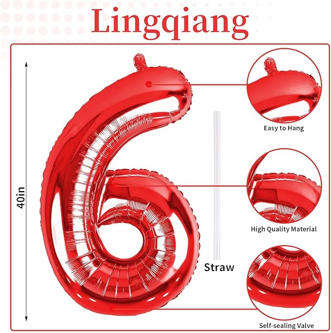 40 Inch Red Large Numbers Balloons 6, Self Inflating Digit 6 Helium Balloons for 6th Girls Boys, Foil Mylar Big Number Balloons Set 0-9 for Women Men Birthday Party Anniversary Supplies Decorations