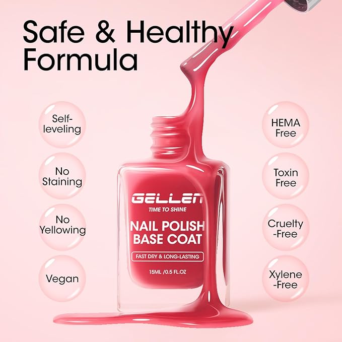 Gellen 4‑in‑1 Clear Nail Polish Base Coat Sheer Tinted Red, Ridge Filler, Nail Strengthener & Concealer, Calcium Formula Strengthens Nails, Natural Color Enhances Natural Look, No HEMA, Anti-yellowing