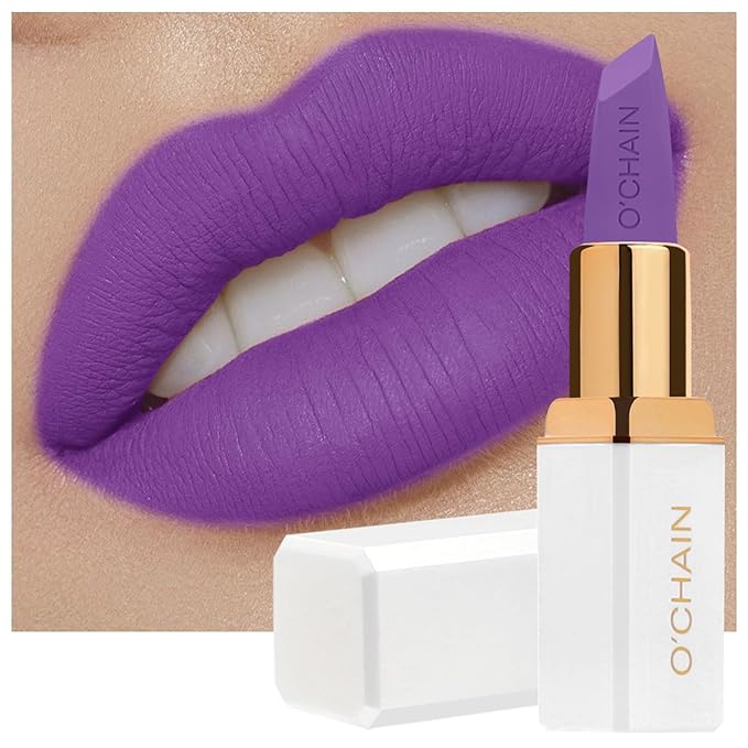 O'CHAIN Purple Matte Lipstick, Long Lasting Full Coverage Non-Transfer Lipstick for Women Infused with Jojoba Oil and Vitamin E, Cruelty-Free & Vegan (13 EMOTION) 0.12 Oz