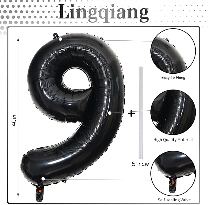 40'' Black Number 9 Balloons, Giant Self Inflating Foil Number Balloons Set 0-9, Large Digital 9 Helium Balloon for Girls Boys 9th Halloween Birthday Party Decorations Anniversary Photo Shoot Supplies
