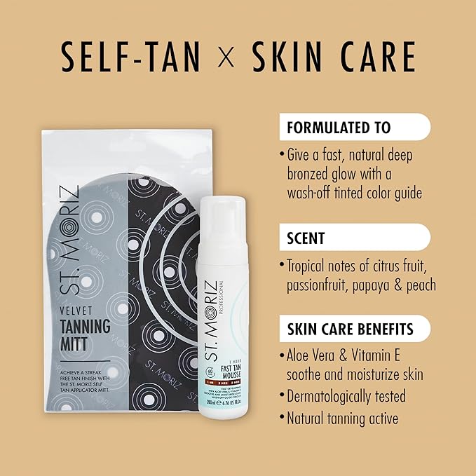 St. Moriz Professional 1 Hour Fast Self Tanner Mousse with Tanning Mitt Bundle - Light to Dark - 200ml - Sunless Instant, Express Self Tanning Foam for Golden, Natural Looking Fake Tan - Aloe Vera