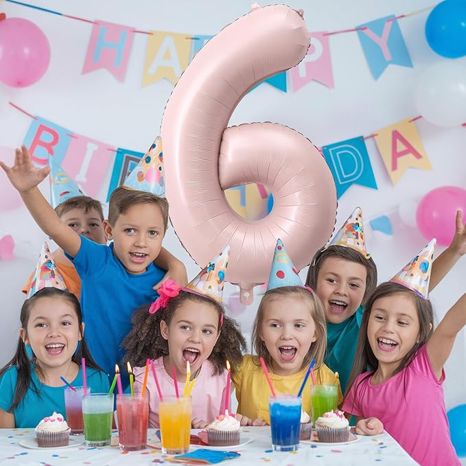 40 Inch 6 Balloon Number, Large Pastel Baby Pink Foil Number 6 Balloons Birthday Party Decor, Dusty Light Blush Matte Pink Mylar Self Inflating Balloon for Girls 6th Birthday Anniversary Decorations