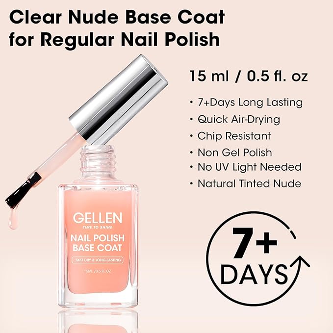 GELLEN Clear Nail Polish Base Coat Sheer Tinted Nude, Natural Color Regular Nail Polish, Calcium Formula Strengthens Nails, Enhances Natural Look, Quick Air Dry, Anti-Yellowing, Hema Free, Non-toxic