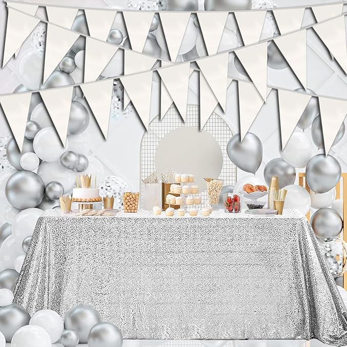 20M/65FT White Triangle Pennant Banner Flag Metallic Fabric Bunting Garland for Christmas Graduation Wedding Engagement Anniversary Bachelorette Birthday Bridal Shower Valentines Hen Party Supplies