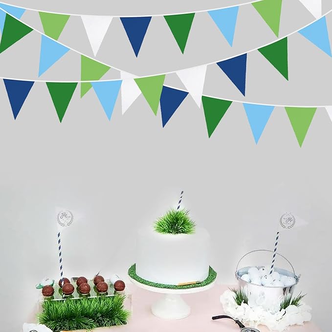32Ft Golf Party Decorations Blue Green Fabric Triangle Banner Flag Banner Pennant Garland Streamers for Hole in One Wedding Birthday Baby Shower Home Outdoor Garden Masters Golf Party Decoration