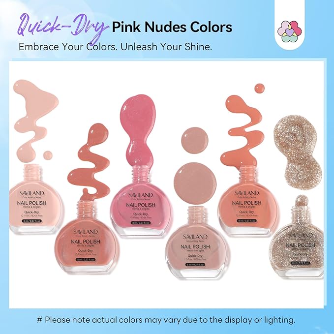 SAVILAND Color Artistry Nail Polish Set: 6Pcs Neutral Nude Pink Glitter Quick Dry Nail Polish Fall Winter Mini 12-Free Fingernail Polish Vegan Nail Toes Lacquer DIY Manicure Women Gift Home Use