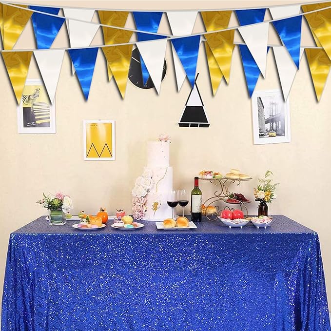 65FT Navy-Blue White Gold Triangle Pennant Banner Flag Metallic Fabric Bunting Garland for Christmas Graduation Retirement Birthday Wedding Bridal Shower Nautical Ahoy Achor Party Decorations Supplies