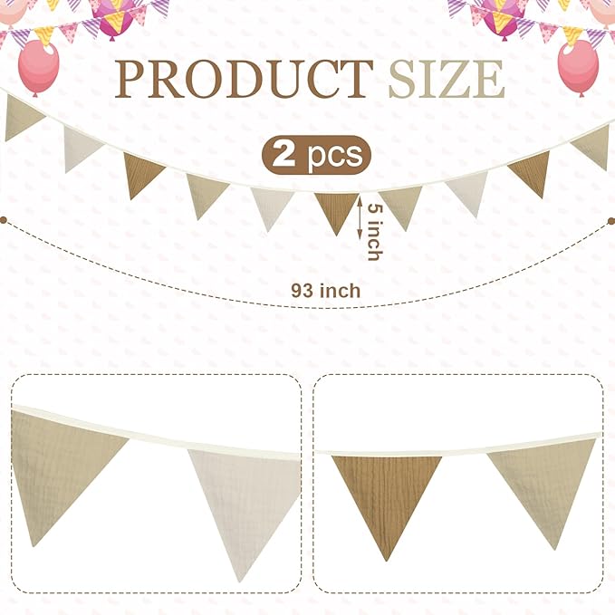 VitalCozy 17 ft Pennant Banner Flags, 2 Pcs Nursery Garland Triangle Bunting Flag Double Side Baby Banner for Boho Decor Baby Shower Birthday Wedding Party Event, Each 8.5 ft(Khaki Color)