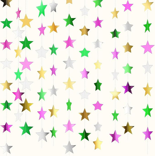 Patelai Glitter Star Garland Banner New Years Decor 130 Feet Star Hanging Banner Twinkle Backdrop for Birthday Classroom Wedding Halloween Christmas Party Supplies(Green,Pink,Gold,Silver)