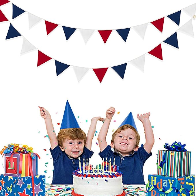 2 Sets of Red Blue White Nursery Garland 24Pcs Patriotic 4th of July Fabric Pennant Banner Flags Triangle Streamers for USA American Independence National Day Birthday Baby Shower Party Decorations