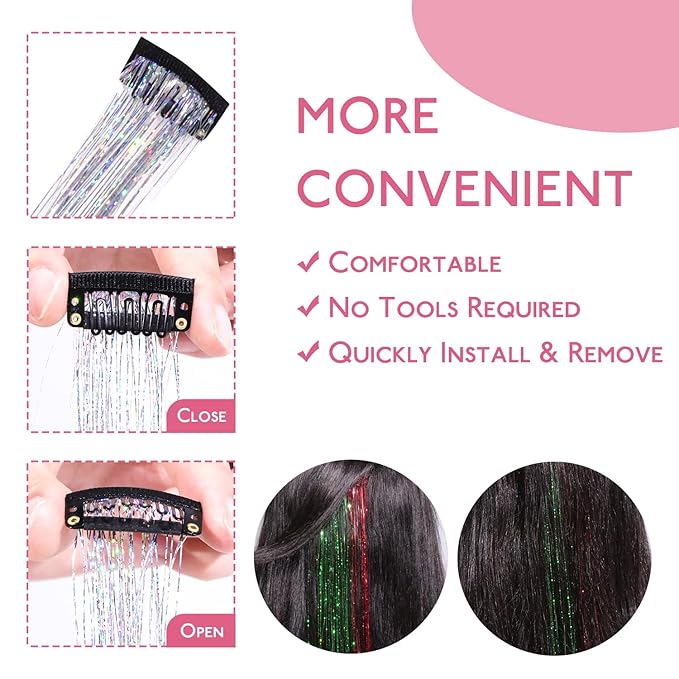 WENNALIFE Hair Tinsel Clip In for Girls Chrismas Kit, 12pcs 24 inch Clips Tinsel Hair Extensions Clip in Colorful Glitter Clips Fairy Hair Accessories for Kids