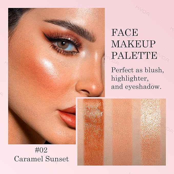 KYDA 3 Colors Blush Palette, All-In-One Face Maleup Palette, Matte Cheek Blusher Makeup, Multi-Finish Shimmery Blusher, Blendable Blush Highlighter Powder,02