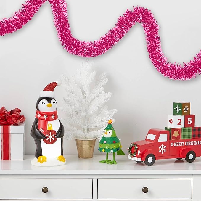 25 Feet Christmas Foil Fringe Banner Metallic Tassle Garland Metallic Backdrop Parade Floats Shiny Hanging Ceiling, Valentine's, Wedding, New Year Party Decorations(4" x 25', Pink)