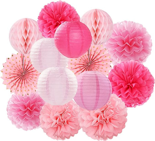 Rose Hot-Pink Party Decorations Streamers - 14pcs Girl Birthday Baby Shower Paper Lanterns Fan,Tissue Pom Poms,Honeycomb Balls,Bachelorette Bridal Wedding Engagement Supplies Decor Lasting Surprise