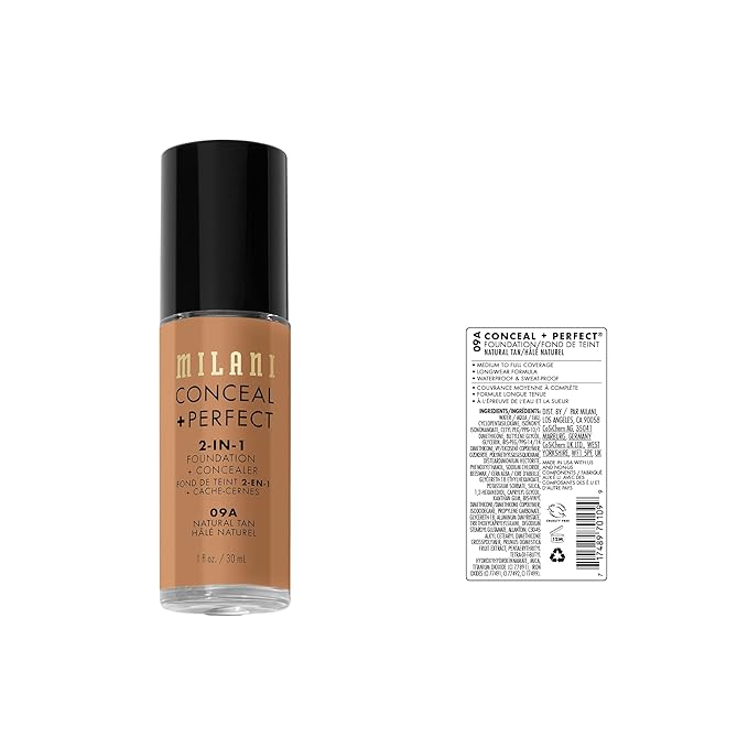 Milani Conceal + Perfect 2-in-1 Foundation + Concealer for a Flawless Complexion, Under Eye Corrector, Cover Redness and Imperfections, Waterproof and Sweatproof - Natural Tan
