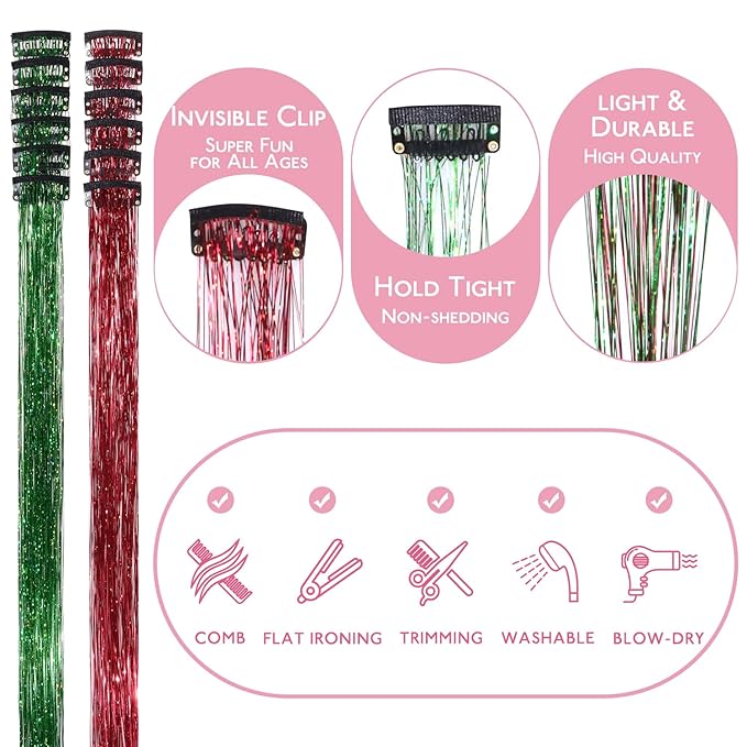 WENNALIFE Hair Tinsel Clip In for Girls Chrismas Kit, 12pcs 24 inch Clips Tinsel Hair Extensions Clip in Colorful Glitter Clips Fairy Hair Accessories for Kids