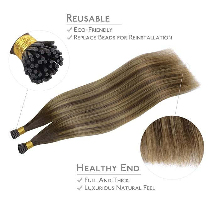 WENNALIFE I Tip Hair Extensions Real Human Hair, 100g 200s 16 Inch Balayage Chocolate Brown to Caramel Blonde Remy Itip Human Hair Extensions Invisible Itips Straight I Tips Cold Fusion Extensions