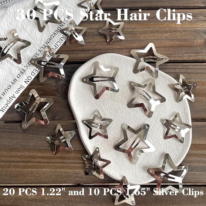 30 PCS Star Hair Clips,20PCS 1.22"Clip and 10 PCS 1.65"Clips Snap Star Hair Accessories Non Slip Clips for Girls Women Y2K Accessories