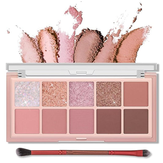 Erinde 10 Colors Eyeshadow Palette Makeup - Matte Shimmer Glitter Eye Shadow, Natural-Looking Korean Eye Makeup, Ultra-Blendable, High Pigmented, Pink Christmas Eyeshadow Palette with Brush, Rose Pink