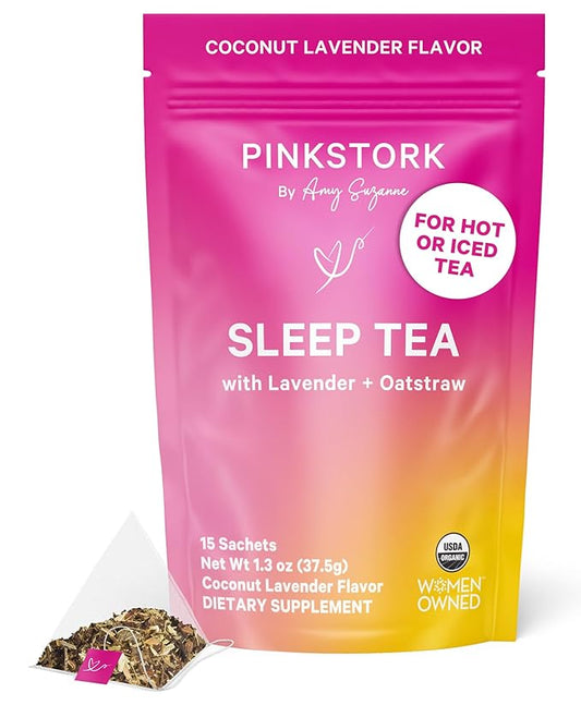 Pink Stork Organic Sleep Tea - Melatonin-Free - Calming Lavender Coconut Herbal Tea to Naturally Support Sleep - Pregnancy Friendly Bedtime Tea, Caffeine-Free - 15 Sachets, Hot or Iced