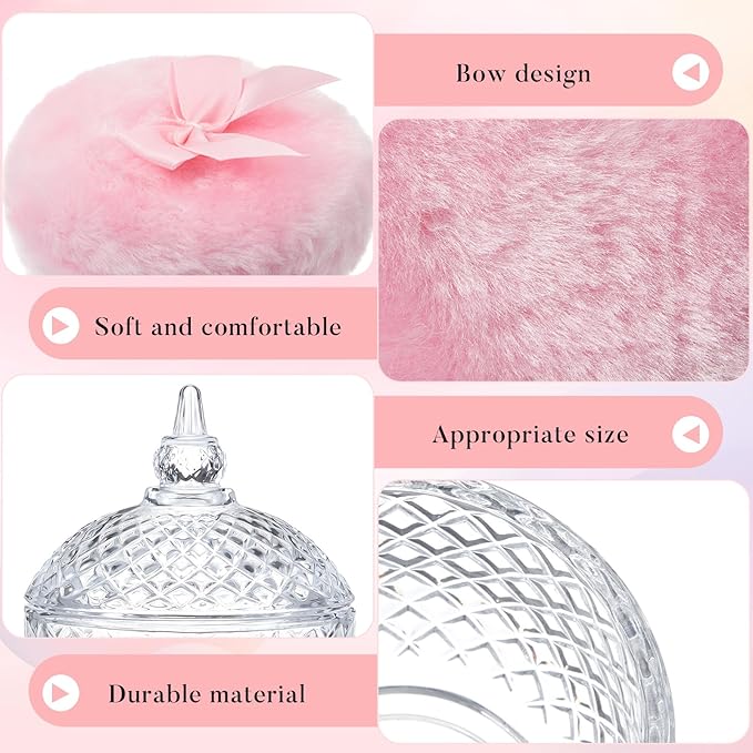 Tioncy 3 Pcs Large Body Powder Puff and Container Valentine's Day gift Powder Container with Puff Crystal Case Soft Washable Reusable Velour Face Body Glitter Wet Dry Makeup(Elegant,Clear)