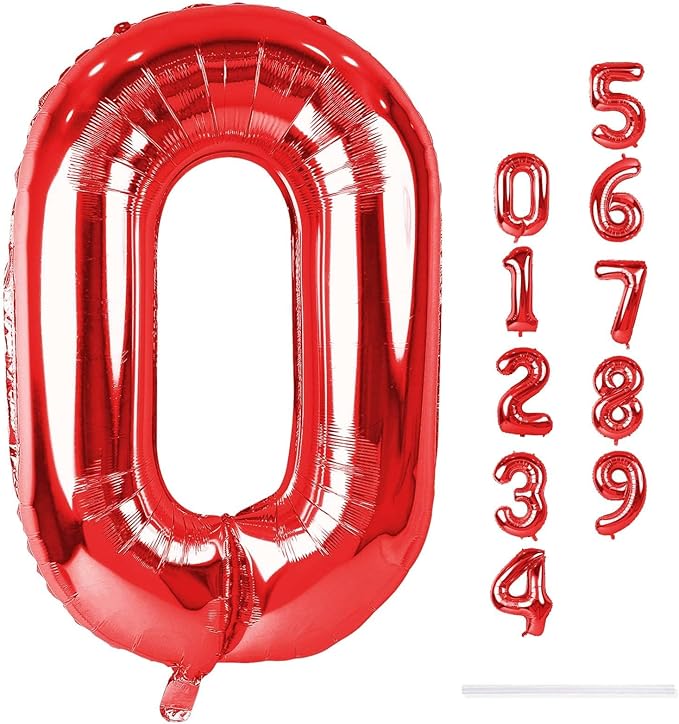 40" Red Number 0 Balloon for Girls, Large Self Inflating Helium Foil Number Balloons Set 0-9 for Women Men Boys Birthday Anniversary Wedding New Year Baby Shower Christmas Party Decorations Supplies
