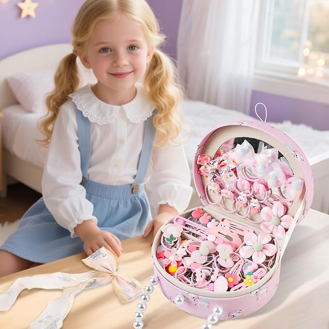 Velachuan Princess Jewelry Box for Girls with Hair Accessories,Girls Hair Clips Bows Set, Fashion Hair Styling Kit with Mirror,Pink Sparkle Trinket Box Includes Hair Clips (Ribbon)