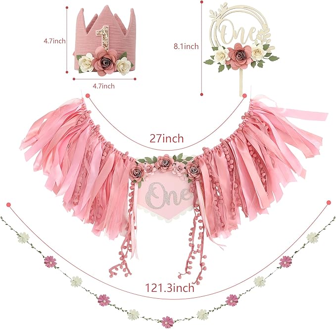 Wildflower 1st High Chair Banner Birthday Decorations For Girl Flower Cake Topper Hat Floral Theme Party Decoration