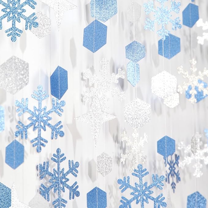 Snowflake-Snow Silver-Blue Christmas Party-Decorations Streamers - 52Ft White Winter Wonderland Frozen Hanging Paper Garland Banner,Birthday Wedding Baby Bridal Shower New Year Supplies Decor Hugtmr
