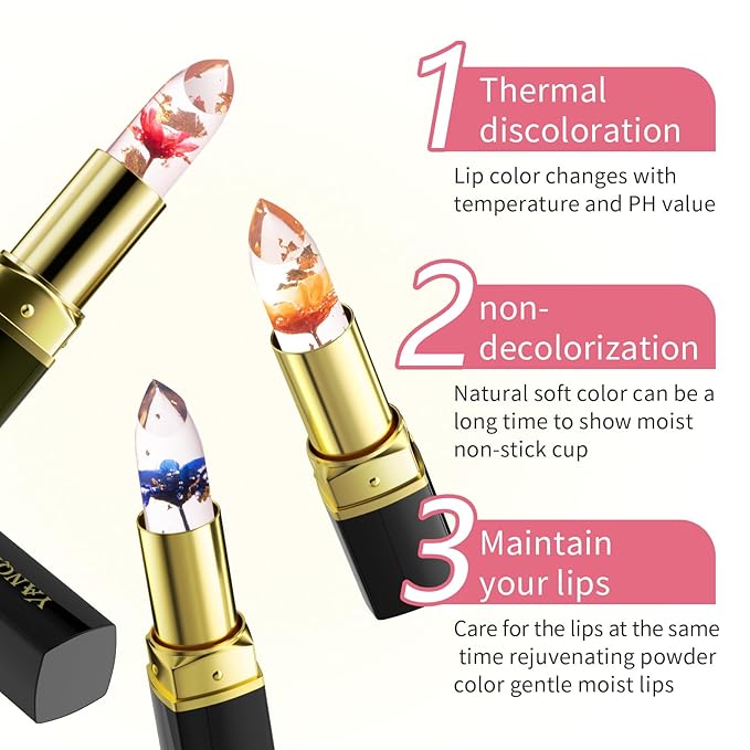 3Pcs Jelly Clear Crystal Flower Lipstick Set, Magic PH Temperature Color Changing Lipstick Lip Gloss, Natural Moisturizing Lip Balm Korean Labiales Magicos Lip Gloss Lip Tinted Stain Makeup