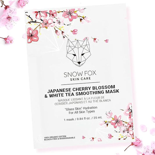 Snow Fox Japanese Cherry Blossom & White Tea Smoothing Sheet Mask – Hydrating Face Mask for Glass Skin Glow & Bridal Makeup Prep – Moisturizing Facial Skin Care for all Types – 1 Pack