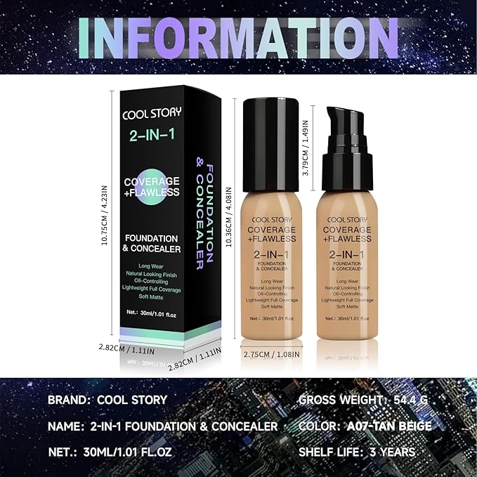 2-in-1 Foundation and Concealer Long Wear Natural Matte Finish Lightweight Coverage (Tan Beige)