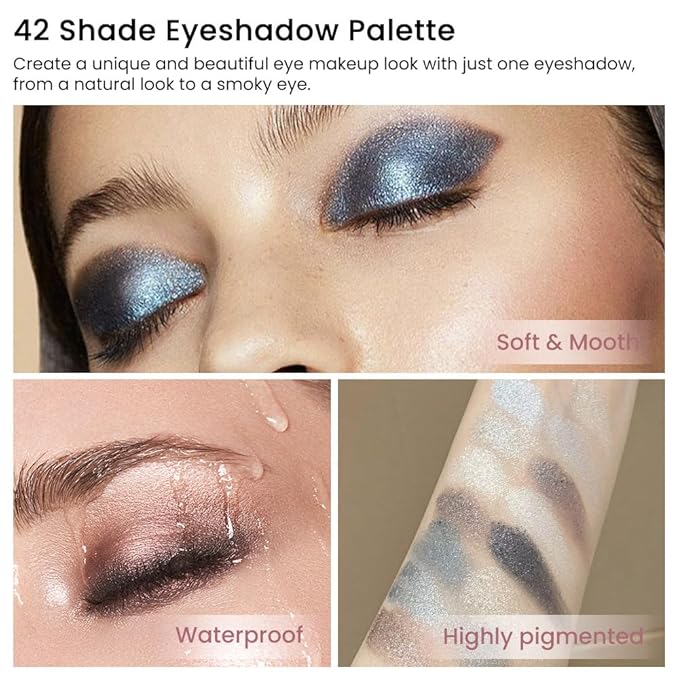 42 Colors Smokey Eye Shadow Makeup Palette,Nude White Black Grey Brown Matte Shimmer eutral Natural Eyeshadow,Waterproof, Long Lasting Naturing-Looking