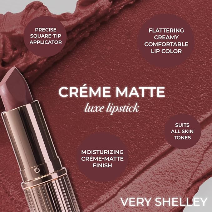 MCoBeauty - Crème Matte Luxe Lipstick - Long-Lasting Hydrating Soft Matte Lipstick with Square-Tip Bullet - Very Shelley, Taupe Nude Shade - 3.5g - Lip Makeup