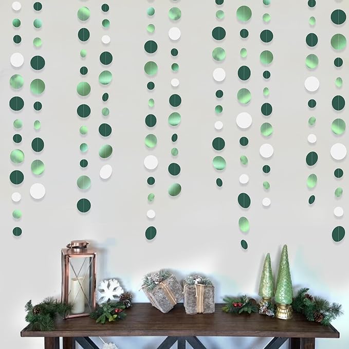 46 Ft Sage Green Party Decorations Metallic Sage Green White Polka Dots Garlands Hanging Paper Circle Dots Streamer for Birthday Baby Shower Engagement Graduation Wedding Party Decorations Supplies
