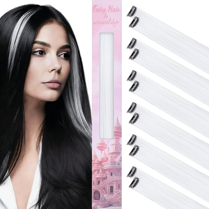 WENNALIFE 12 PCS White Hair Extensions Clip in, Colored Clip in Hair Extensions for Kids Highlights Rainbow Hair Clips for Girls Synthetic Straight Pop-up Style Colorful Festival Girl Hair Accessories