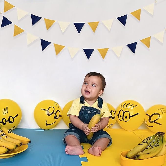 2 Sets of Blue Yellow White Nursery Garland 24Pcs Yellow Blue Fabric Linen Pennant Banner Flags Triangle Streamers for Baby Playroom Decor Kids Boys Birthday Baby Shower Grad Party Decorations