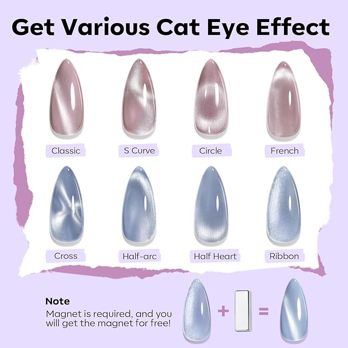 modelones Cat Eye Nail Polish Set, 6 Colors Magnetic Silver Pink Red Purple Quick Dry Mini Nail Lacquer Kit, Green Orange Blue Long Lasting Manicure Home DIY Fall Gifts for Women Girls